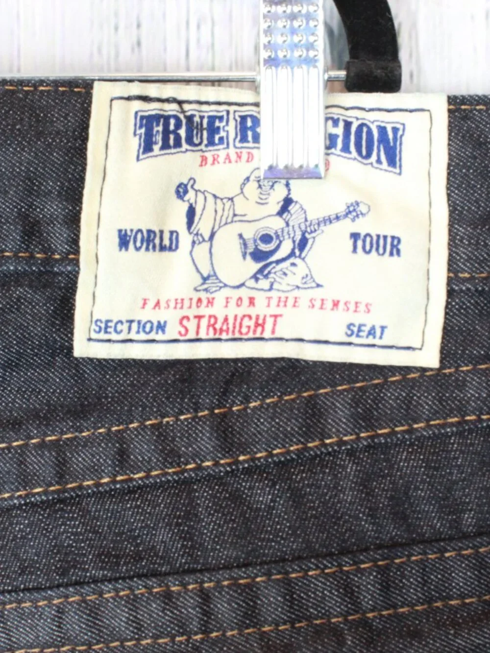 NWT True Religion Straight Leg Flap Jeans Sunset Logo Orange Red Stitch Size 33
